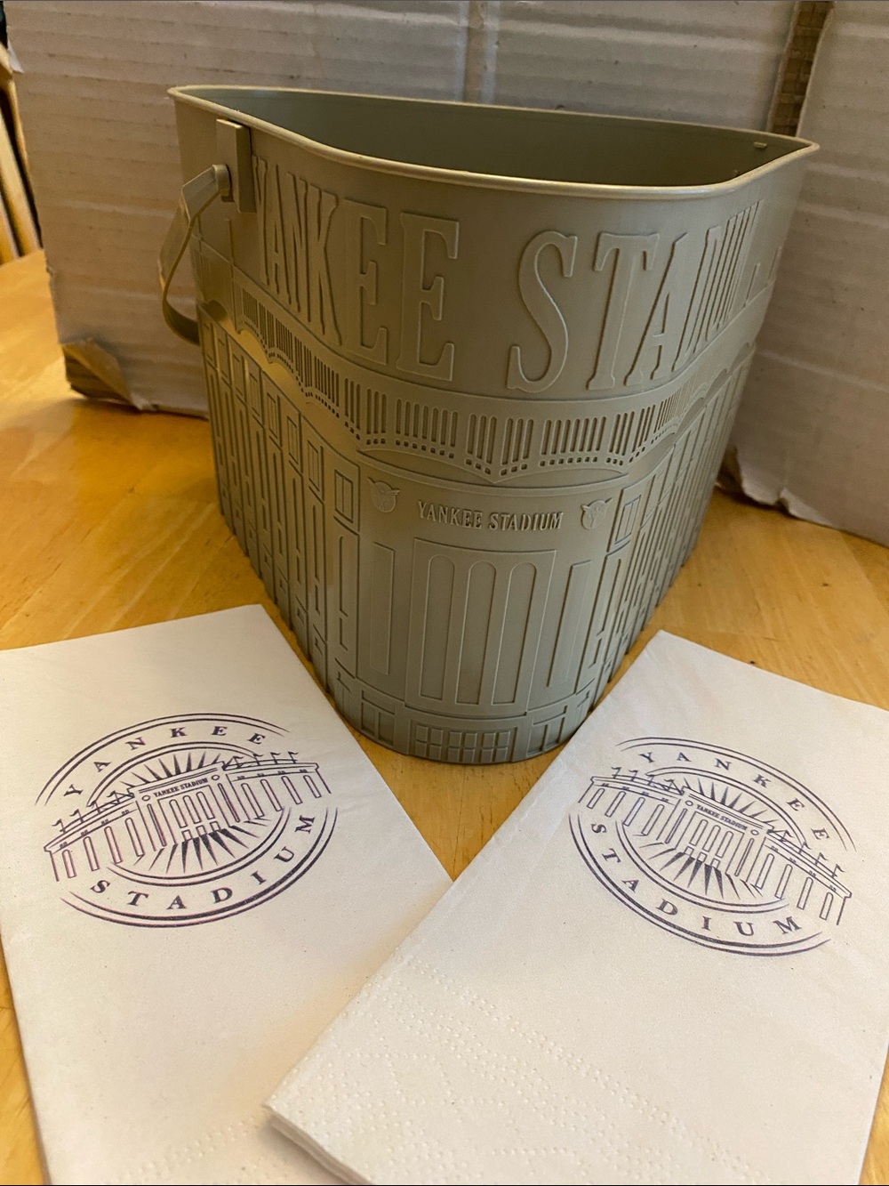 Yankee Stadium Embossed popcorn bucket from Yankee Stadium plus 2 Stadium napkin